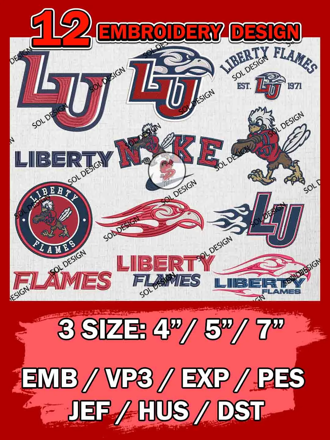 12 NCAA Liberty Flames Bundle Embroidery Files, NCAA Liberty Flames Team Bundle Embroidery Designs, NCAA Teams, National College Football Team 3 sizes, NCAA Liberty Flames Machine Embroidery, Digital Download