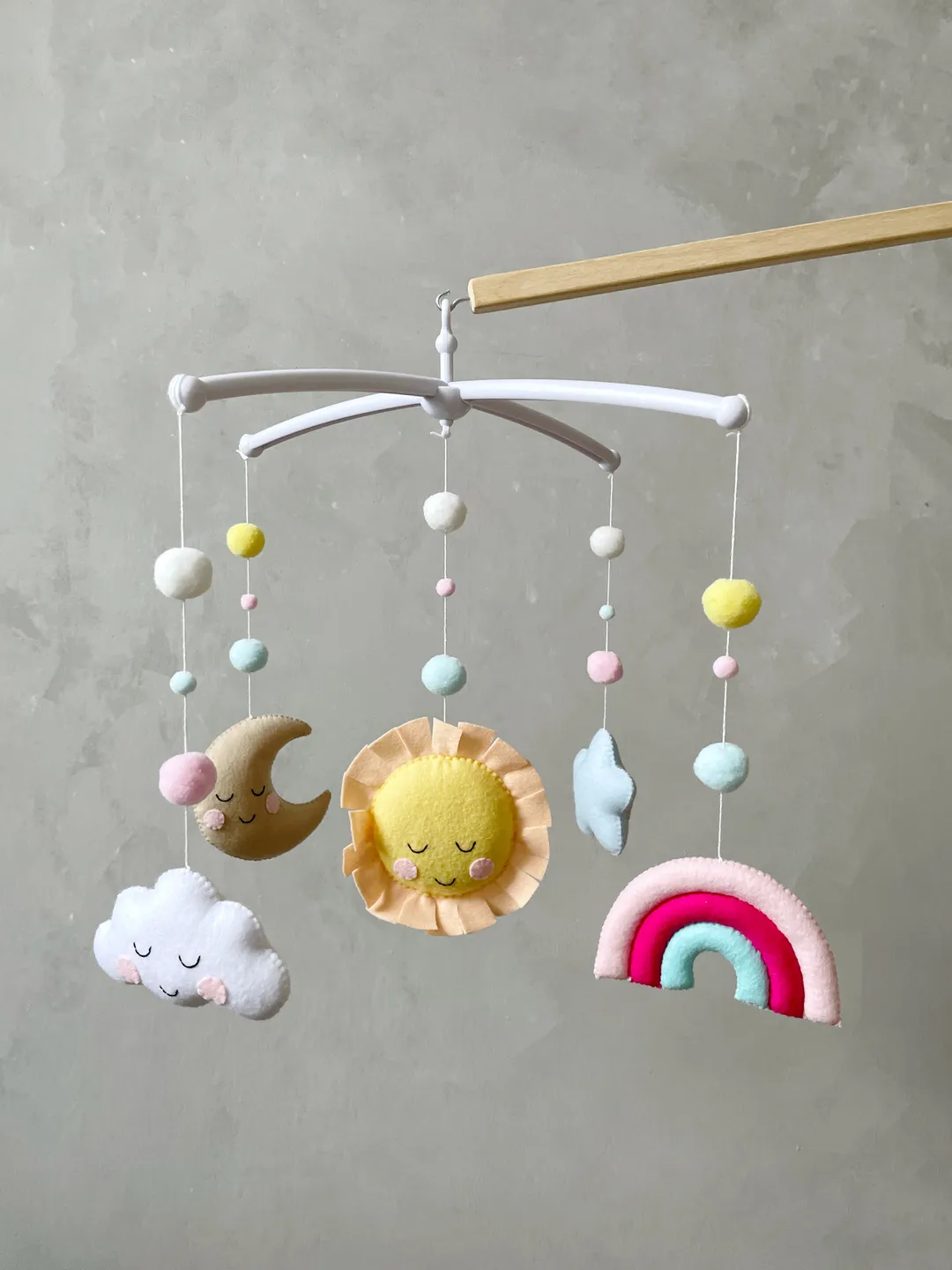 Rainbow mobile for crib. Happy baby mobile. Sun star cloud moon mobile. Nursery crib decor
