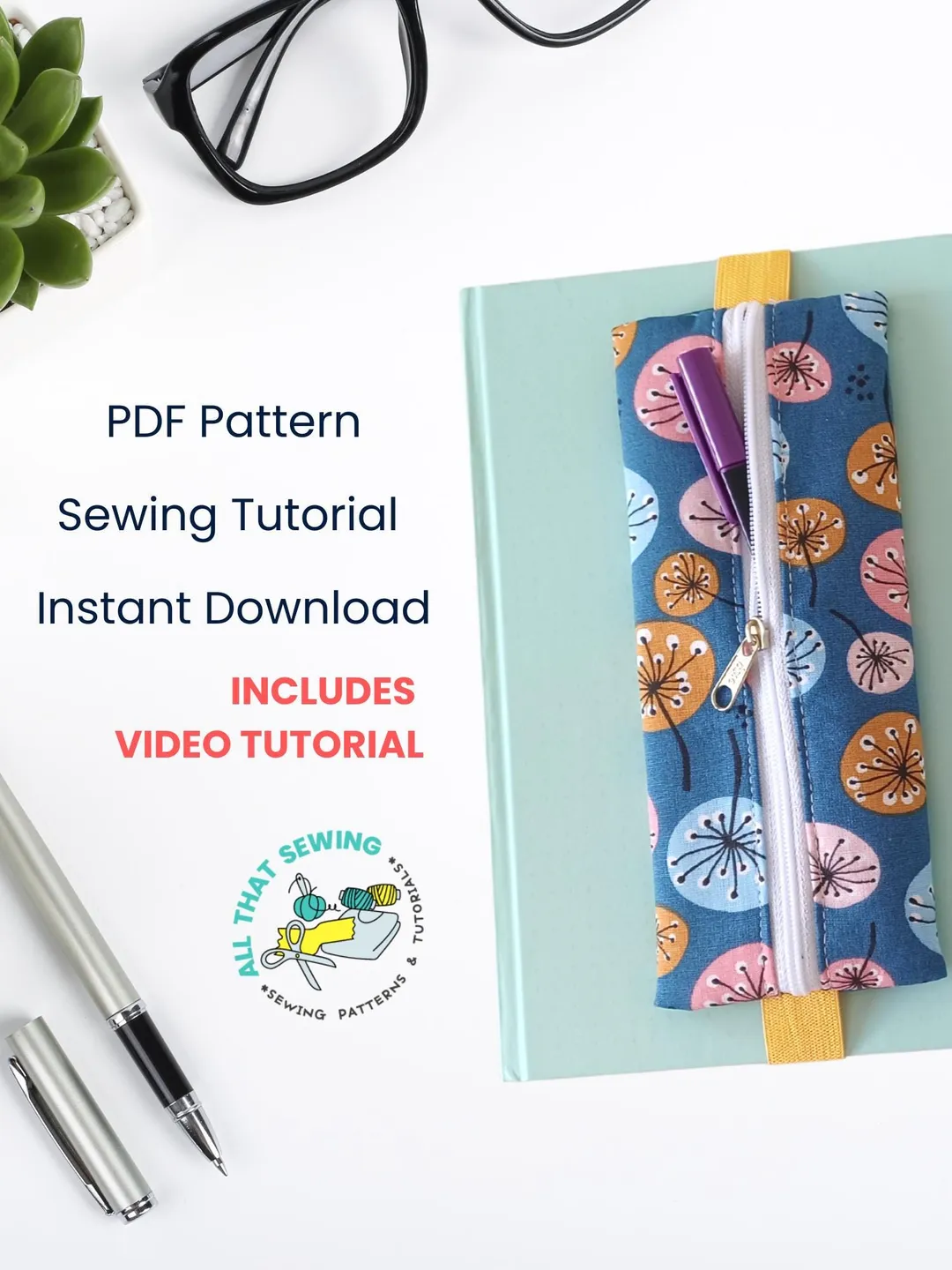 Pen Pouch Sewing Pattern: Pen Case for Journal Elastic Strap, Video Tutorial (PDF)