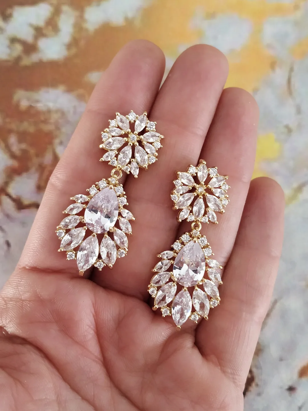 Diamond Gold Wedding Earrings | Flowers Bridal Earrings | Chandelier  Statement CZ Earrings | Gold Jewelry for Bride | Bridal Jewelry |, image size:1080x1440