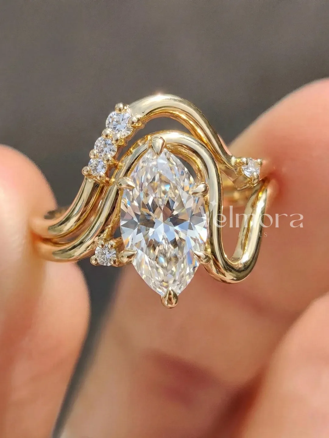Marquise Cut Engagement Ring, Flowing Gold Wrap Ring, Modern Vintage Inspired Bridal Jewelry