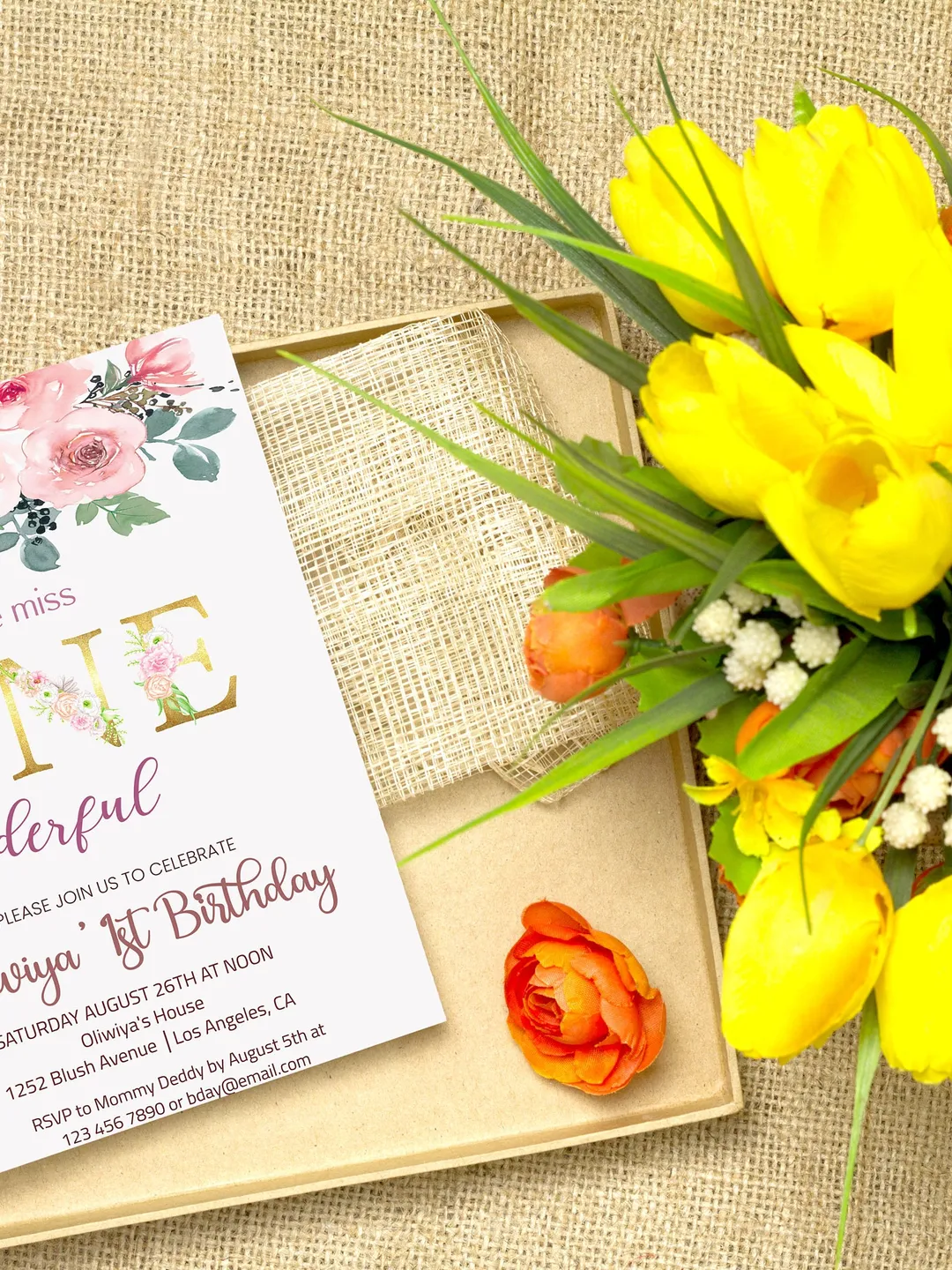 Floral Blush Pink First Birthday Invitation, Editable Template (Digital Download)