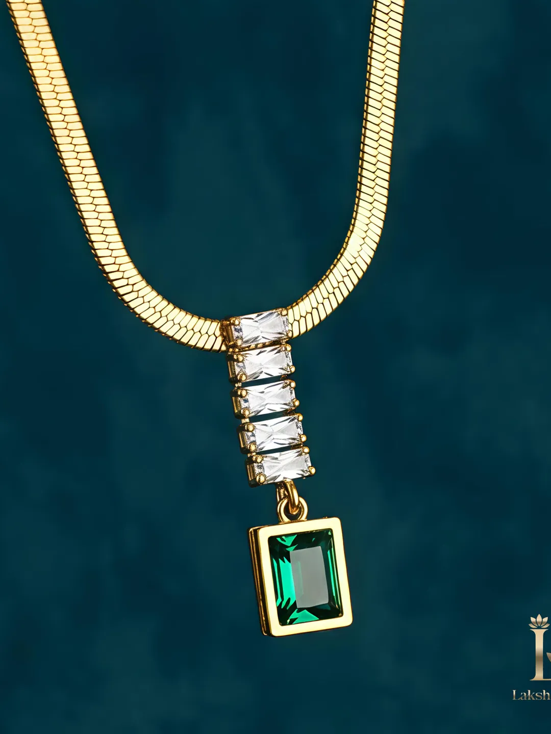 Emerald Green Necklace in Stainless Steel • Gold Baguette Crystal Pendant • Emerald Cut Stone Jewelry • Waterproof Tarnish Free Gift