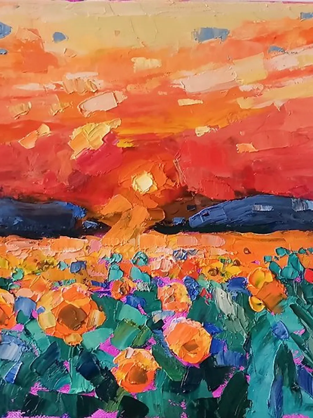 Sunflower Field Painting Original Art Impasto Oil Painting Landscape Verafe