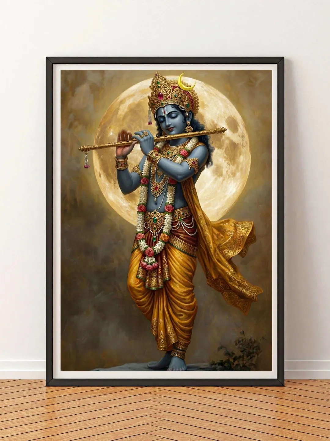 Meditative Lord Krishna with Flute wall art, Hindu god, Spiritual Poster, Indian Folk