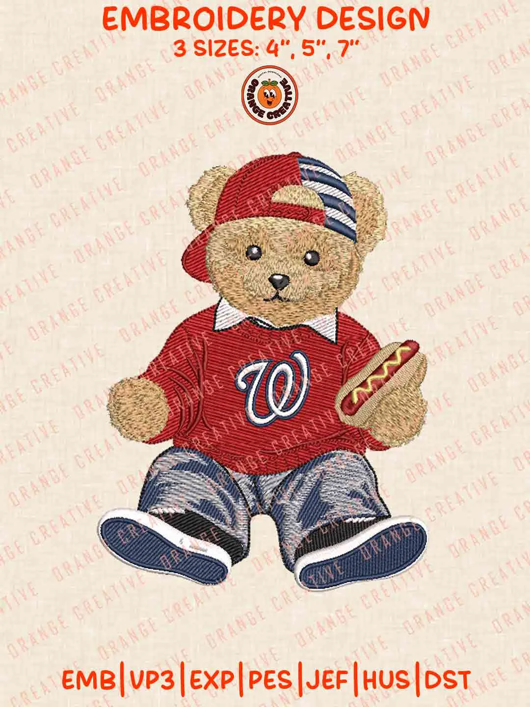 MLB Washington Nationals Teddy Bear Hot Dog Embroidery Files, MLB Nationals Embroidery Design, Machine Embroidery Design File, 4 Sizes, Custom Size, Digital Download