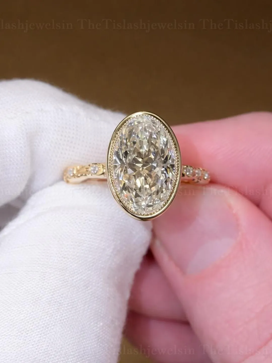 Bezel Set Oval Moissanite Engagement Ring 14k Solid Gold Vintage Style ...