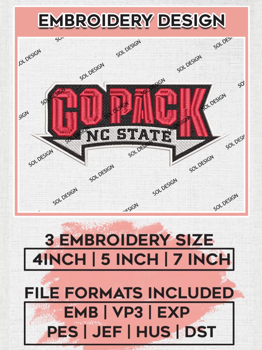 NCAA Go Pack NC State Team Word Logo Embroidery Design Files, NCAA NC State Wolfpack Machine Embroidery, NCAA Teams, 3 sizes, NCAA Machine embroidery designs, Digital Download