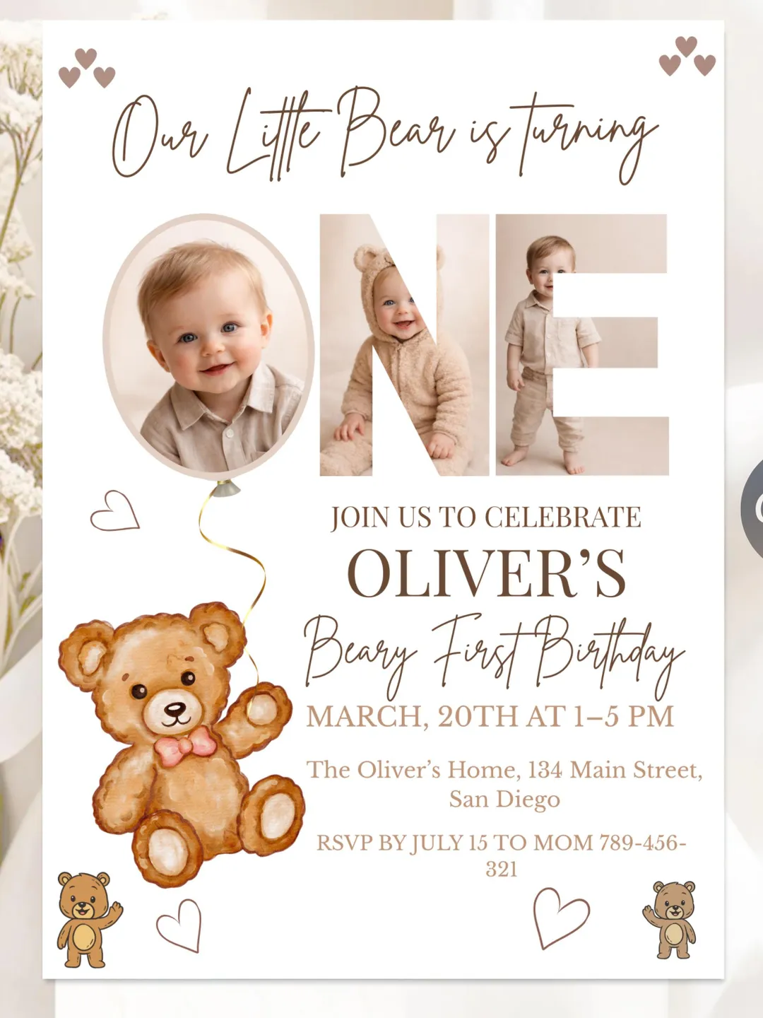 Beary First Birthday Invitation Teddy Bear Party Invite, Neutral Bear ...