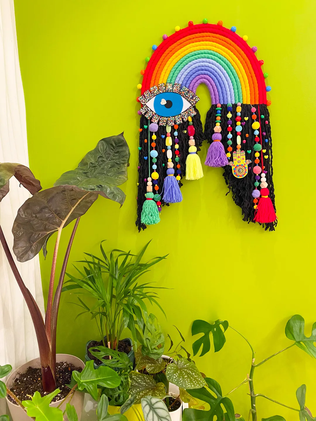 Extra large wall decor, Unique macrame rainbow wall hanging with eye and hamsa hand charm, Boho home aesthetic