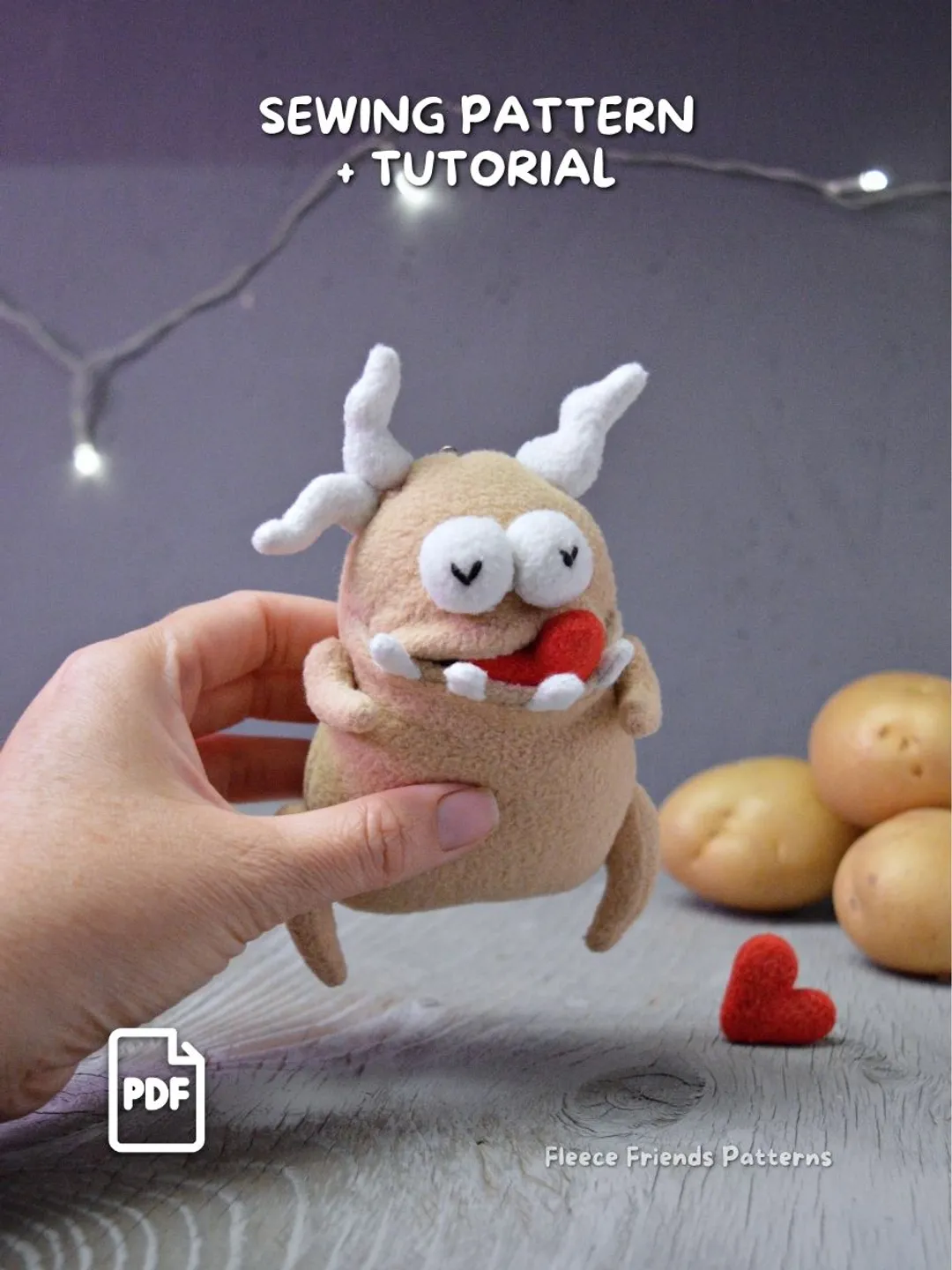 Potato Monster Plush Sewing Pattern PDF with Teeth & Secret Pocket