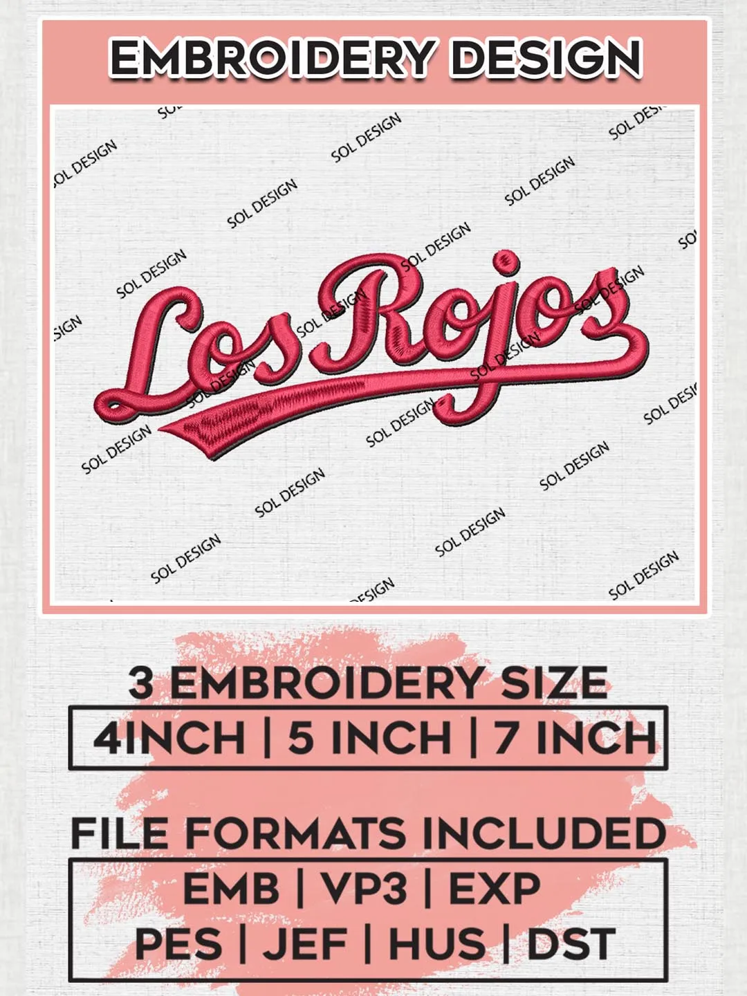 Los Rojos Quote Embroidery Files, MLB Cincinnati Reds Team Embroidery, MLB Teams, 3 sizes, MLB Machine embroidery designs, Digital Download