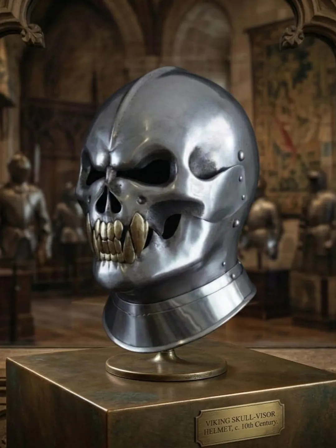 Steel Skull Helmet with Brass Teeth: Functional Viking Warrior Armor Display Piece