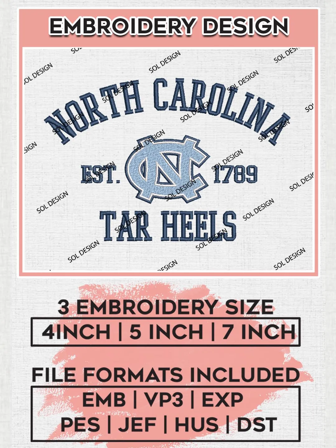 North Carolina Tar Heels Est 1789 Embroidery Designs, NCAA North Carolina Tar Heels Team Embroidery, NCAA Team Logo, 3 sizes, Machine embroidery Files, Digital Download