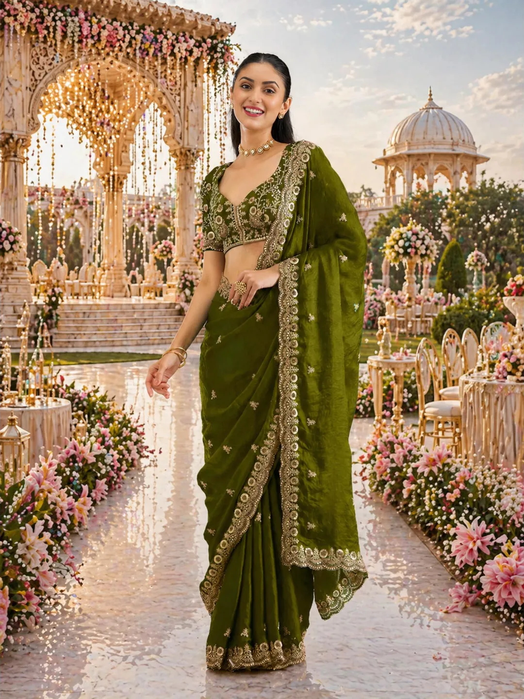 Olive Sequin Ready To Wear Saree For Women: Tissue Embroidery, Indian Wedding Wear