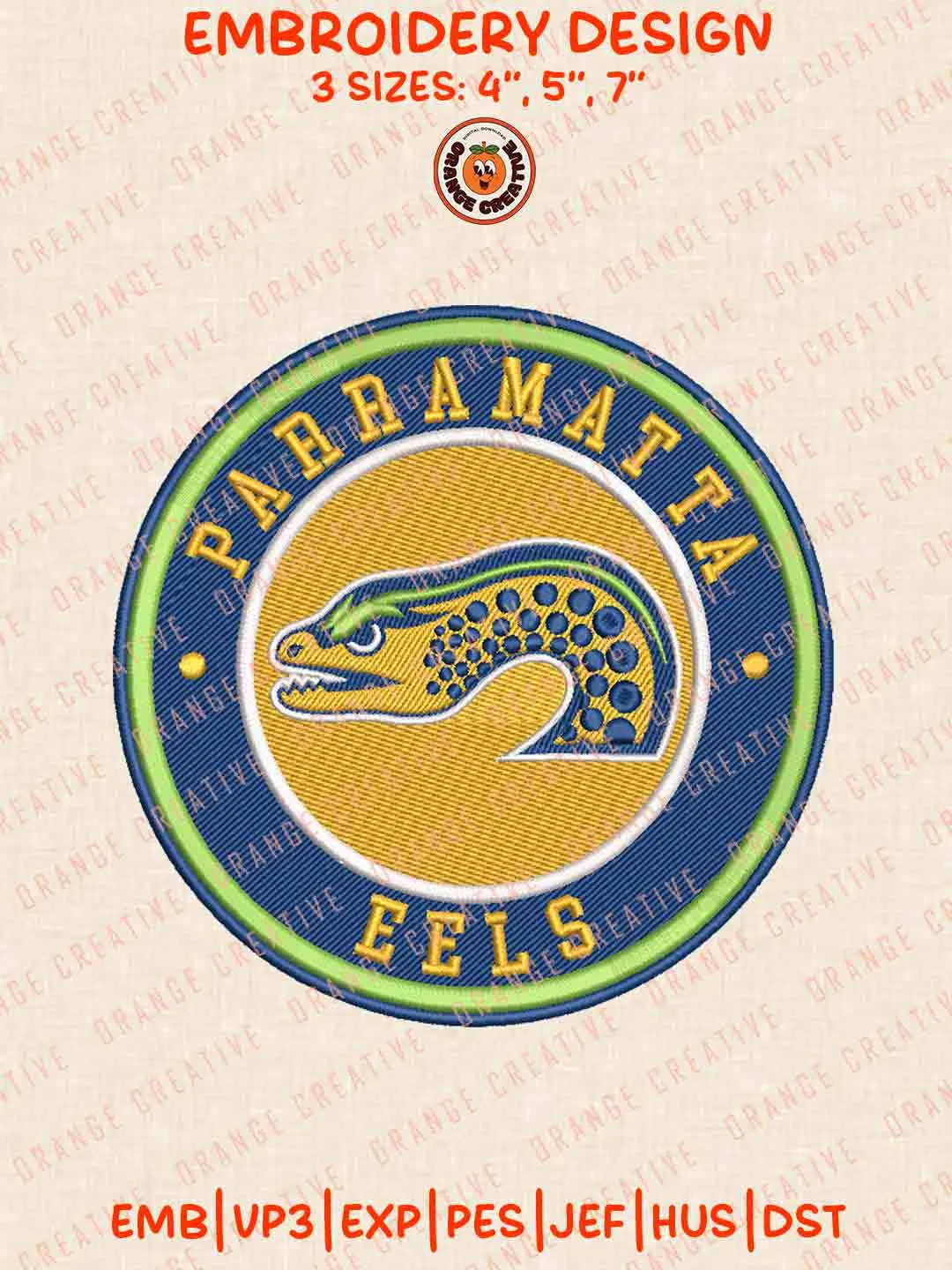Parramatta Eels Text Mascot Logos Embroidery Design, NRL Team Machine Embroidery Digitized Pes File, 4 Sizes, Custom Size, Instant Download