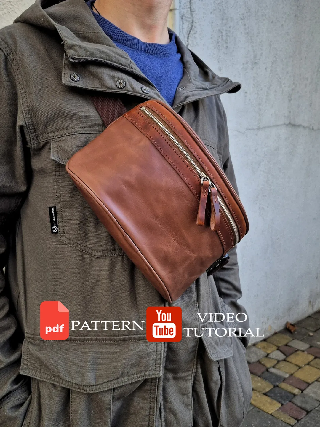 PDF pattern leather chest bag. Leather waist bag. Punch pitch 4 mm. Download PDF and Video TUTORIAL.