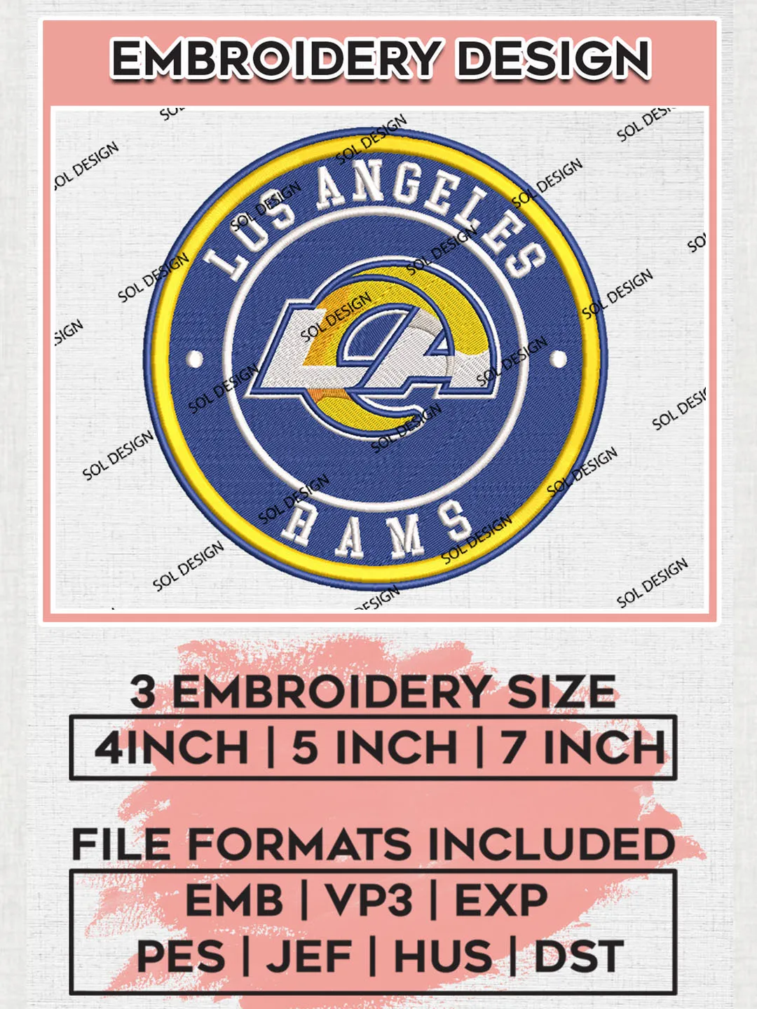 NFL Los Angeles Rams Circle Logo Embroidery Design Files, NFL Rams, NFL Embroidery Designs, NFL Los Angeles Rams Machine Embroidery Design, Digital Download