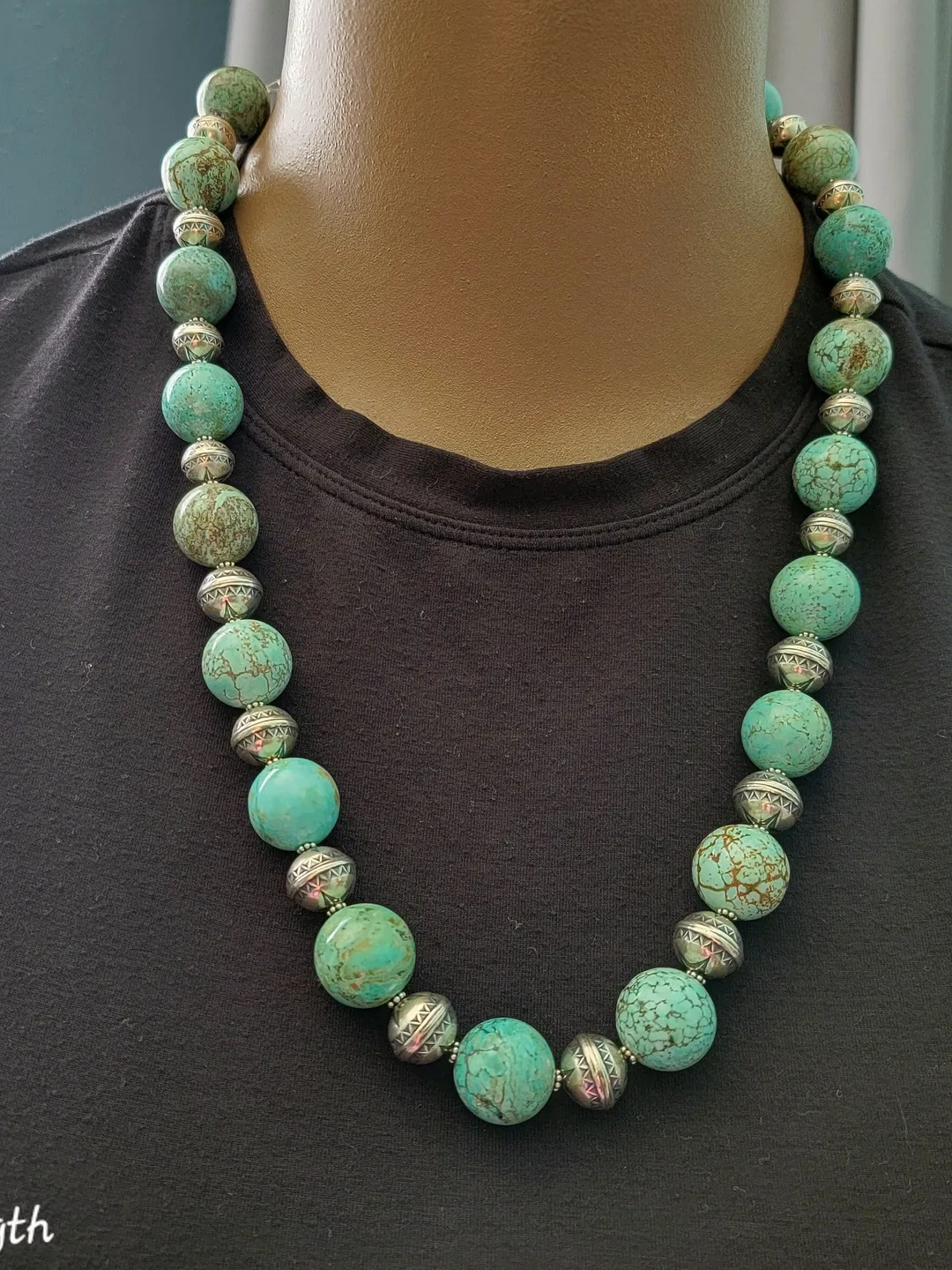 Turquoise Bead Necklace, Chunky Round Beaded 925 Sterling Silver Adjustable Statement Turquoise 16mm Stackable