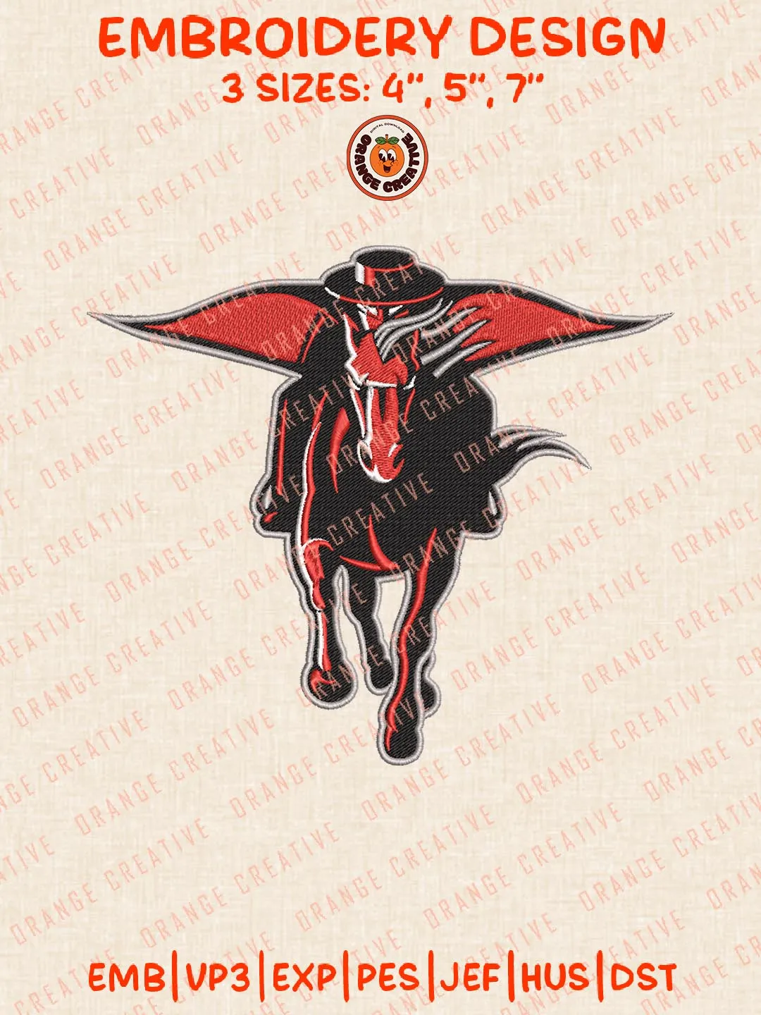 Texas Tech Red Raiders Mascot Logo Embroidery Design, NCAA Texas Tech Red Raiders Team Embroidery Design, Machine Embroidery Design File, 4 Sizes, Custom Size, Digital Download