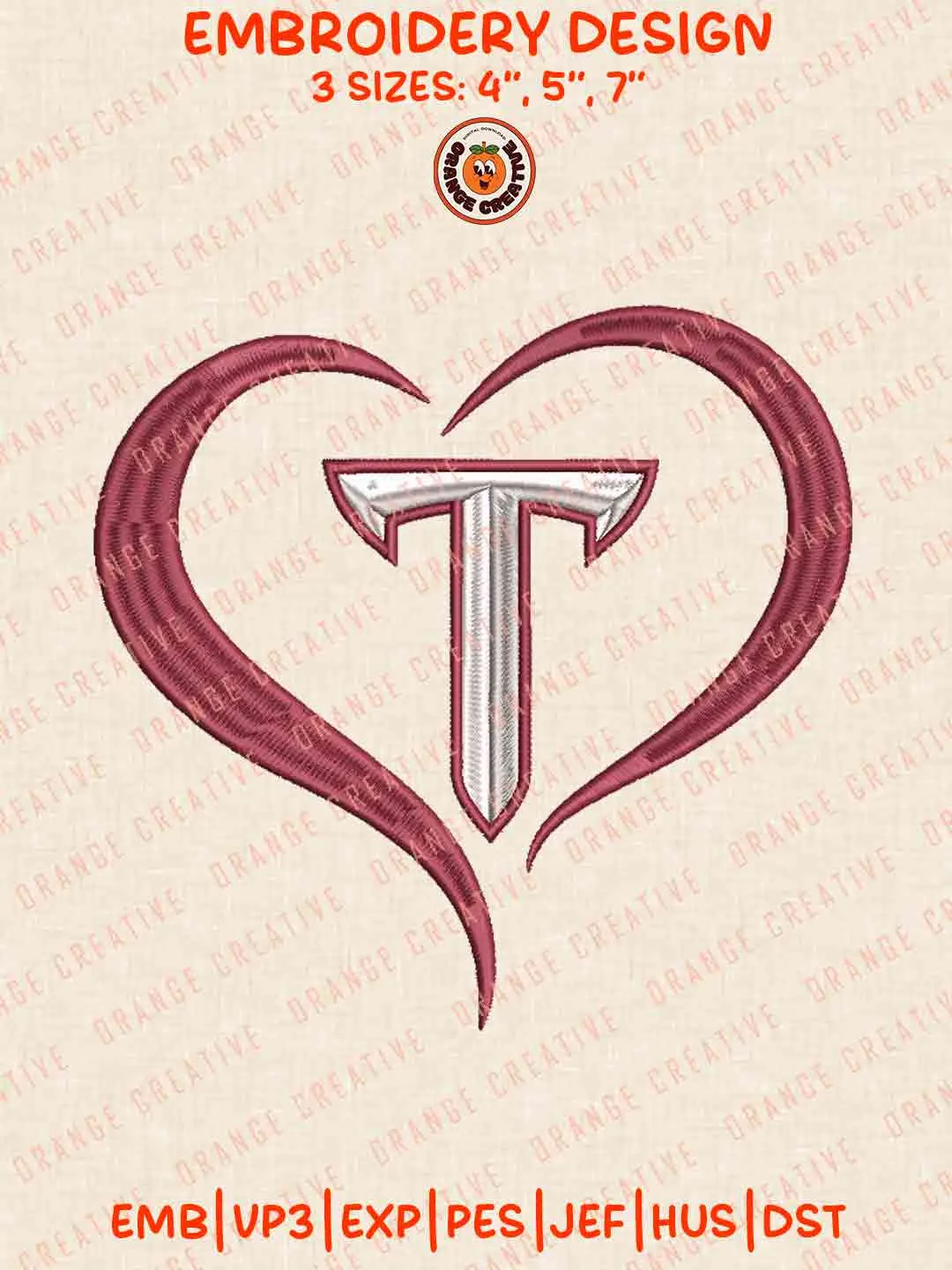 Troy Trojan Heart Embroidery Design Files, Football Embroidery Designs, Sport Machine Embroidery Files, 3 Sizes, Custom Sizes, Instant Download