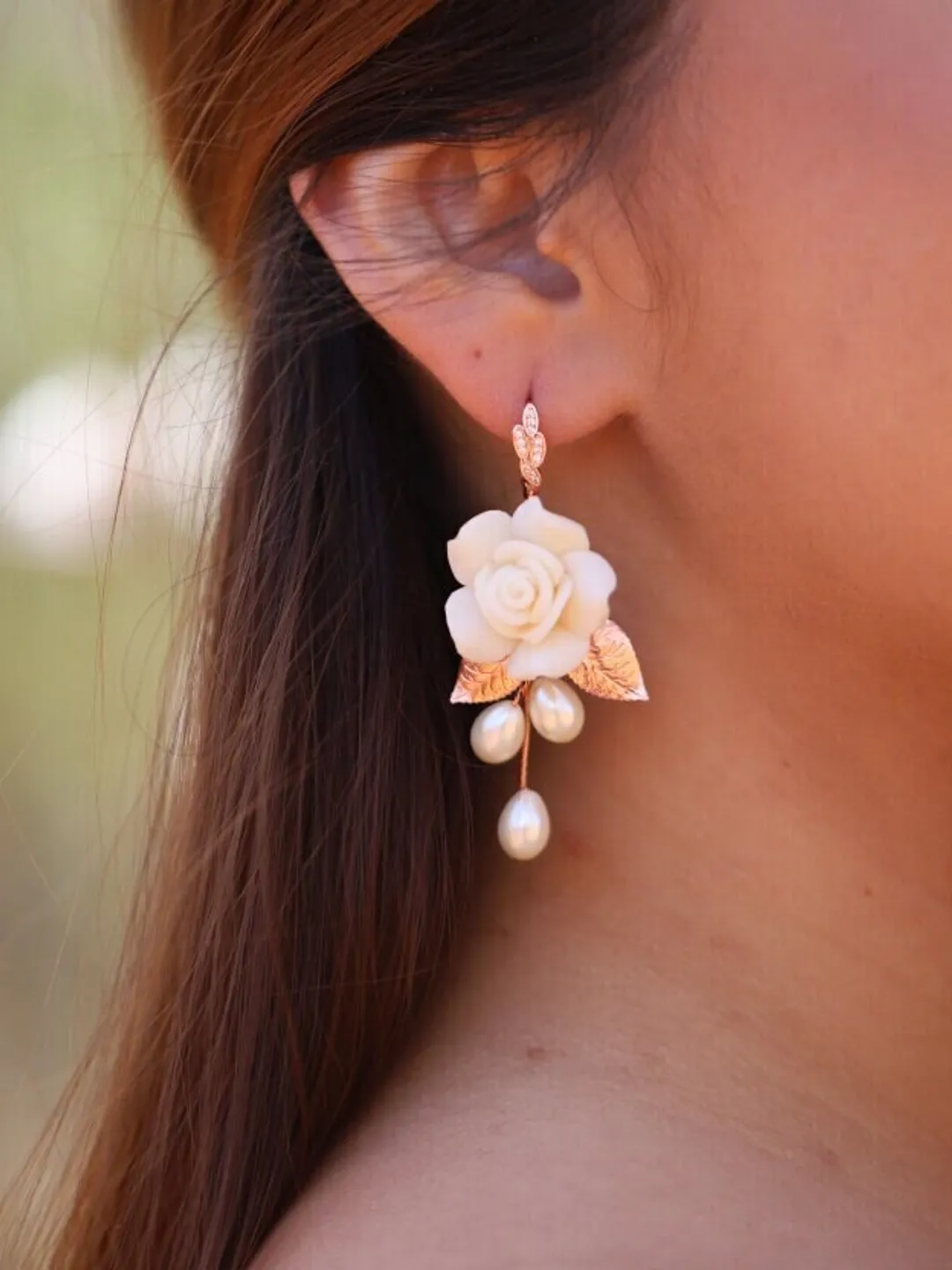 Rose Gold Boho Wedding Earrings, Delicate Porcelain Flowers Wedding Earrings, Pearl Teardrop Bridal Earrings, Statement Leaf Wedding Jewelry
