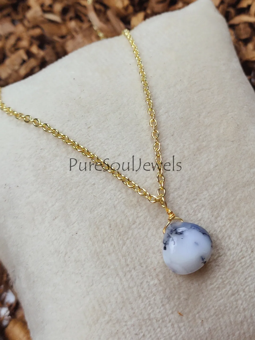 Dendritic Opal Gold Plated Necklace: Wire Wrapped Heart Pendant