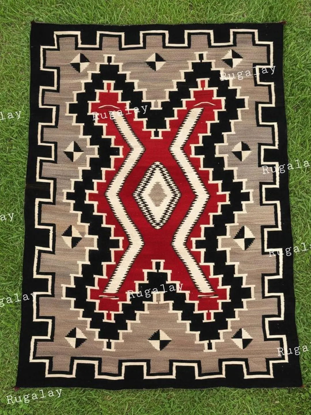 Handwoven Southwestern Wool Rug, Red Black Tribal Aztec Design, 6x9