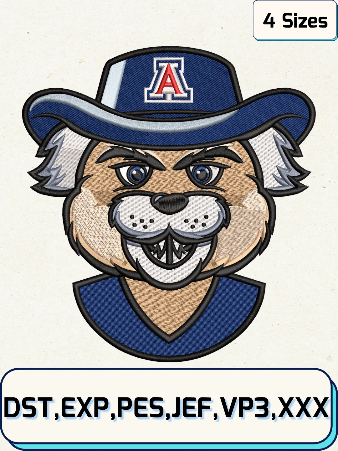 Arizona Wildcats Logo Embroidery Design Files, NCAA Logos Embroidery Designs, Machine Embroidery Files, 4 Sizes