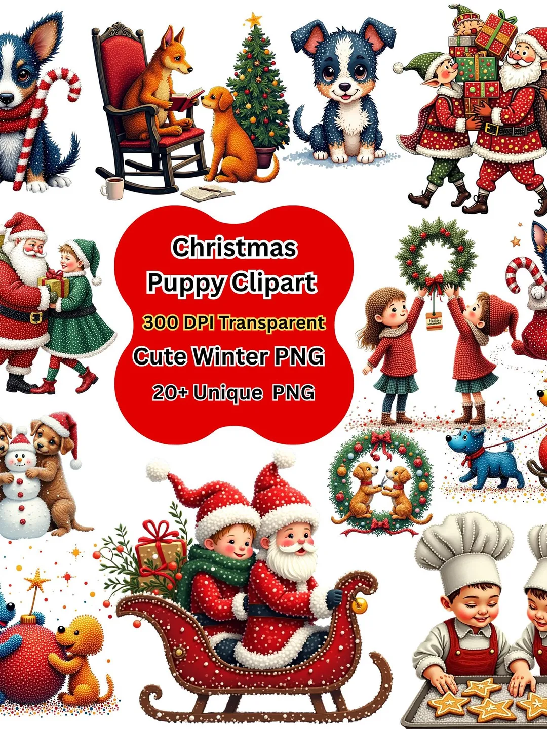 Christmas Puppy Clipart PNG Set • Holiday Dog Stickers (300 DPI)