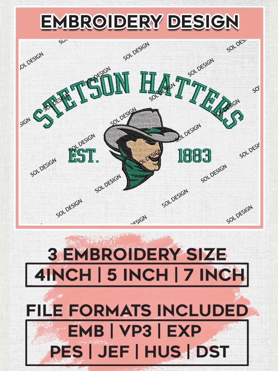 Stetson Hatters Est 1883 Logo Embroidery Designs, NCAA Stetson Hatters Team Embroidery, NCAA Team Logo, 3 sizes, Machine embroidery Files, Digital Download
