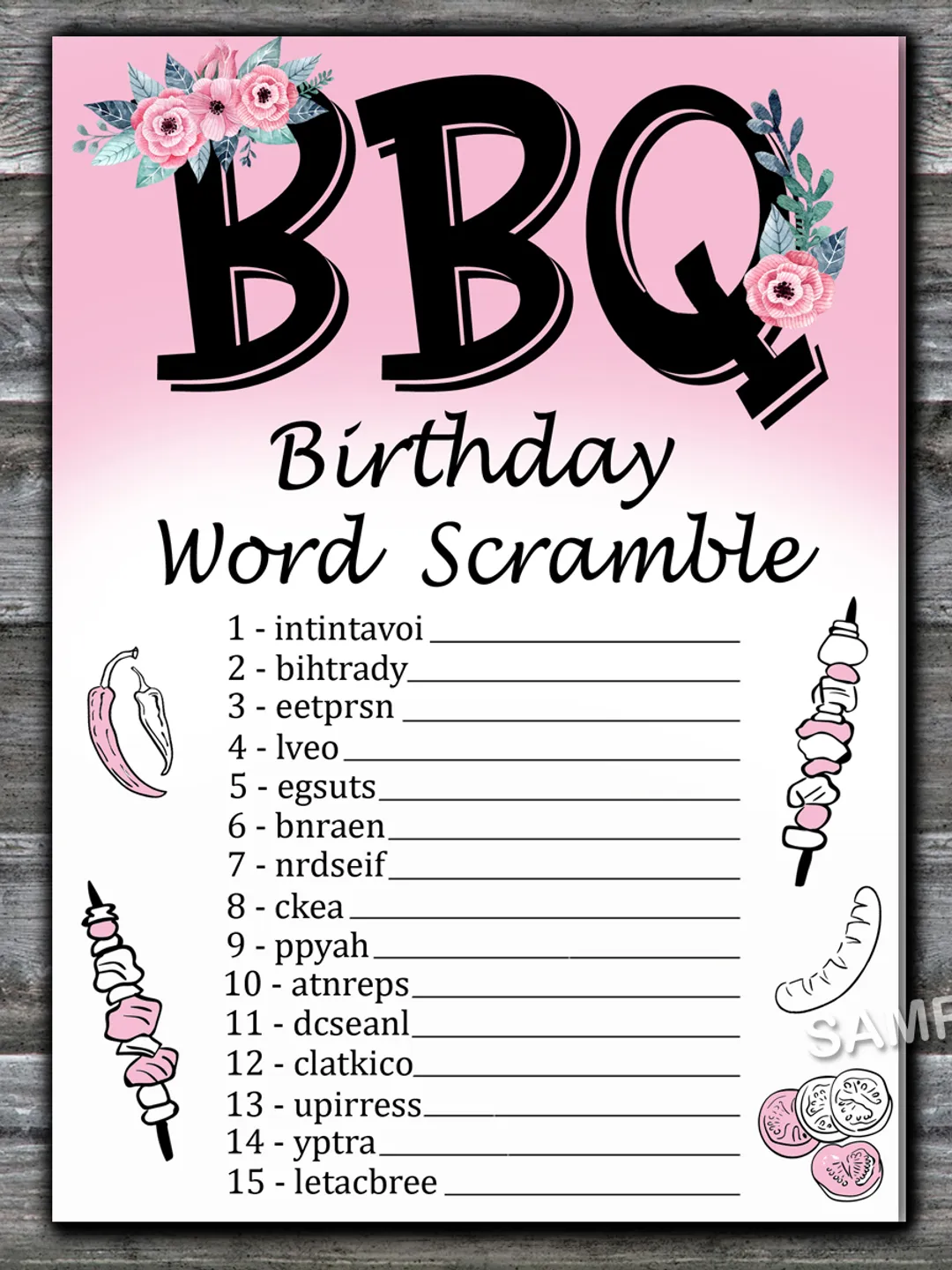 BBQ Birthday Word Scramble Game,Adult Birthday party game-fun games for her-Instant download
