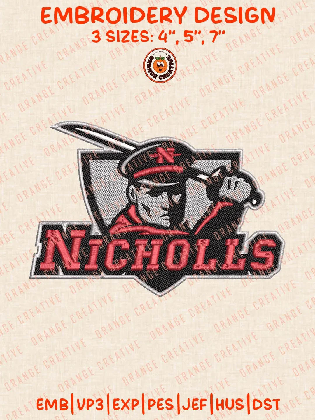 Nicholls Logos Embroidery Design Files, NCAA Nicholls Colonels Logos Embroidery Designs, Machine Embroidery Files, 4 Sizes, Custom Sizes, Instant Download