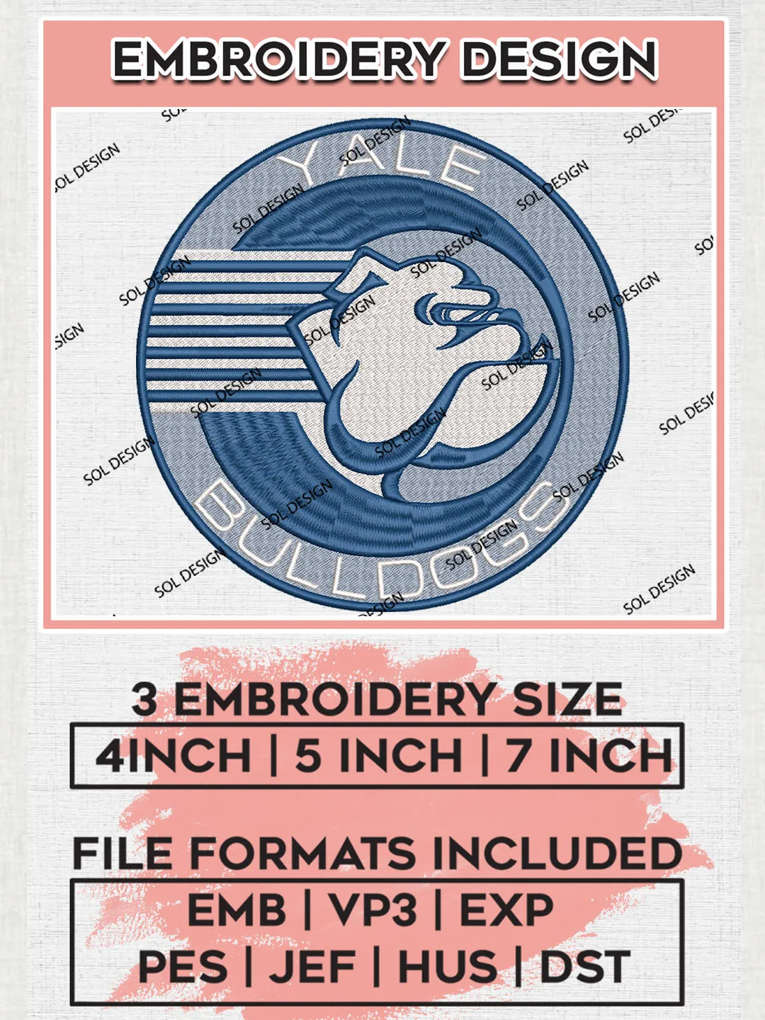 NCAA Yale Bulldogs College Team Round Logo Embroidery Design Files, NCAA Yale Bulldogs Machine Embroidery, NCAA Teams, Game Day, 3 sizes, NCAA Machine embroidery designs, Digital Download