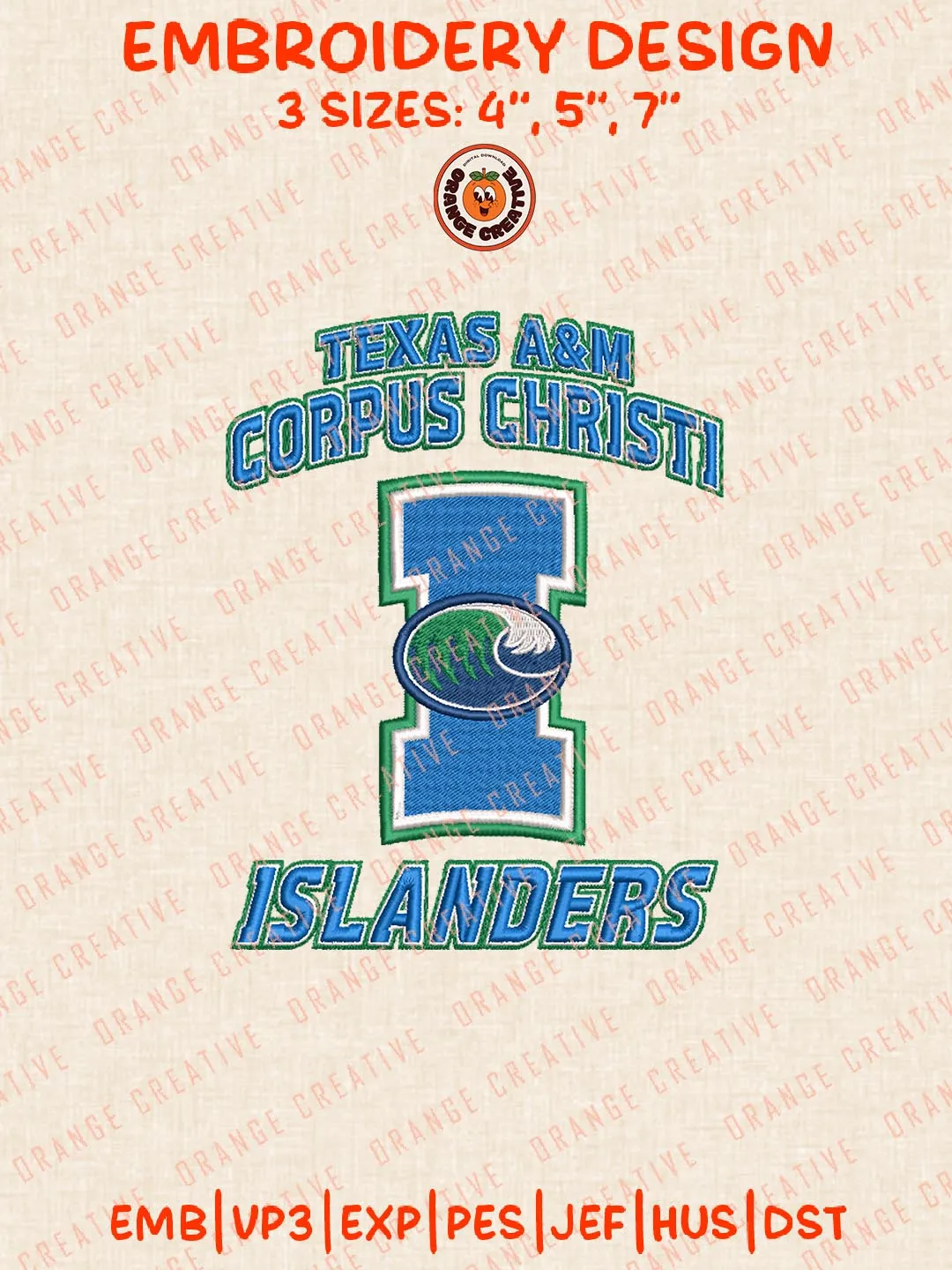 Texas AM Corpus Christi Islanders Logo Embroidery Design Files, NCAA Logos Embroidery Designs, NCAA Machine Embroidery Files, 3 Sizes, Custom Sizes, Instant Download