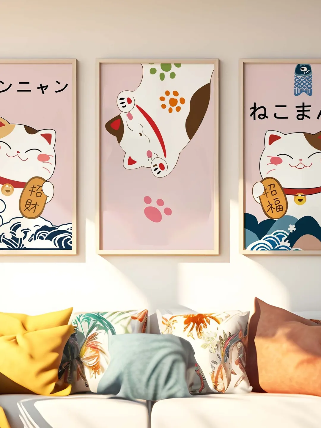 Japanese Style Poster Lucky Cat Printable Wall Art Cute Animal Art Print Modern Cartoon Wall Art Picture for living room Digital Home Decor