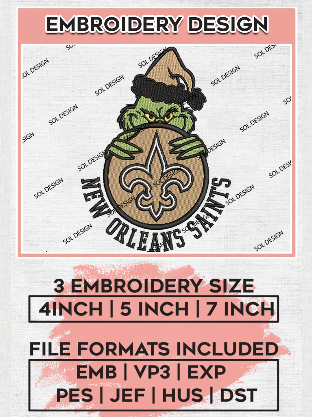 NFL New Orleans Saints Team x Grinch Holding Ornament Logo Embroidery Designs, NFL Saints Team Machine Embroidery Files, NFL Football Teams, 3 sizes, Grinch Machine embroidery designs, Digital Download