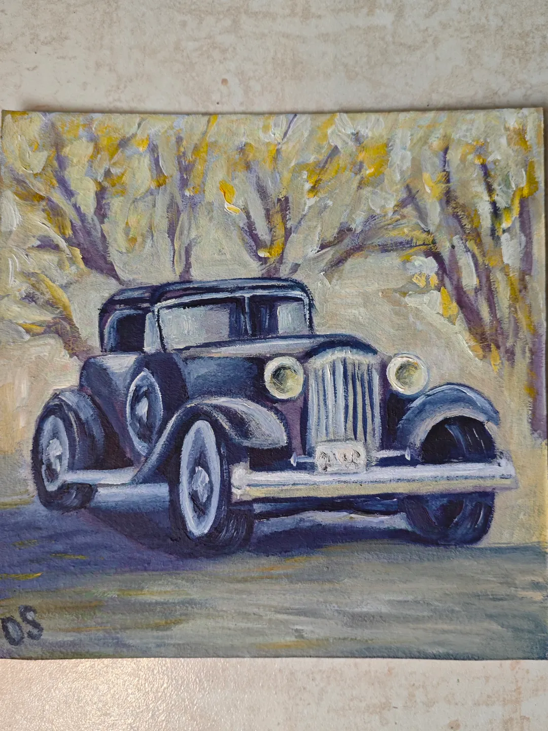 Retro Car Original Painting Car Original Art Retro Old Car Artwork Black Old Car Wall Art Decor 8 x 8 inches be OlgaSokolovaArt