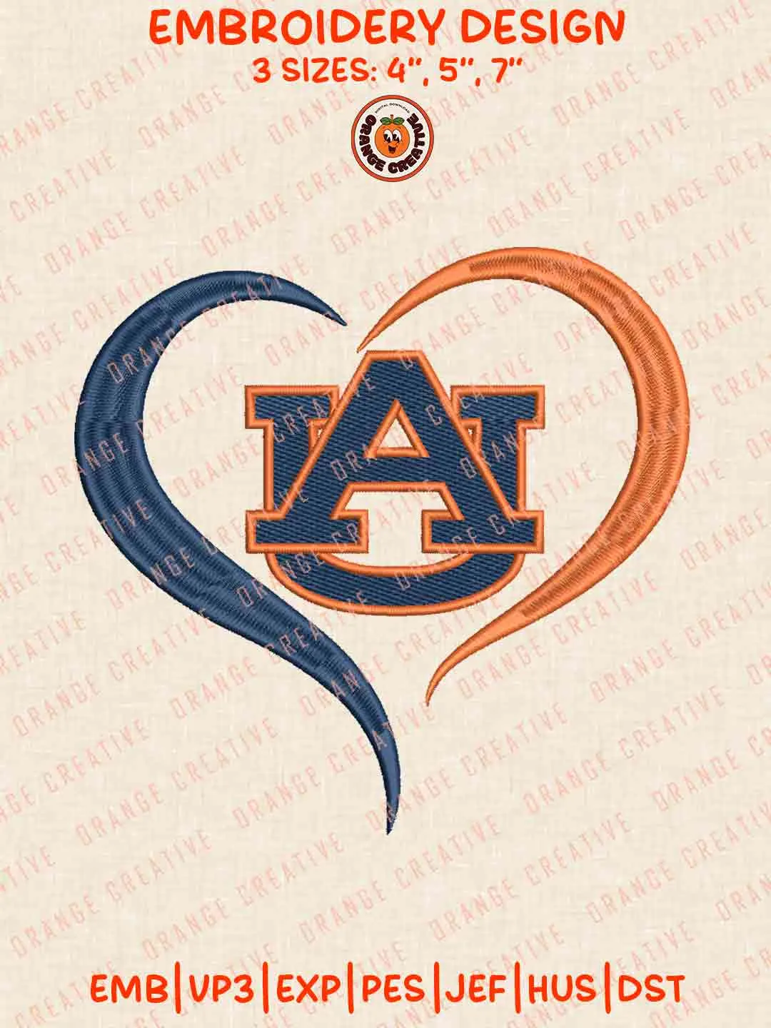 Auburn Tiger Heart Embroidery Files, Football Embroidery Designs, College Sport Machine Embroidery Files, 3 Sizes, Custom Sizes, Instant Download
