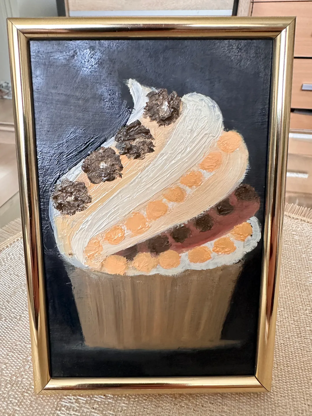 Oil Painting Cupcake Cake with Chocolate Balls Dessert Food Kitchen 15x10 cm 6x4 inch Cardboard Miniature Wall Decor Gift for Her