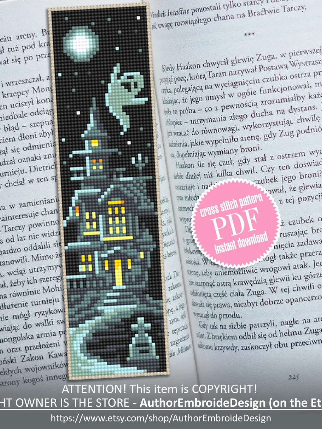 Halloween bookmark cross stitch pattern PDF download Haunted house cross stitch chart, Handmade bookmark pattern digital, Spooky ghost #B217