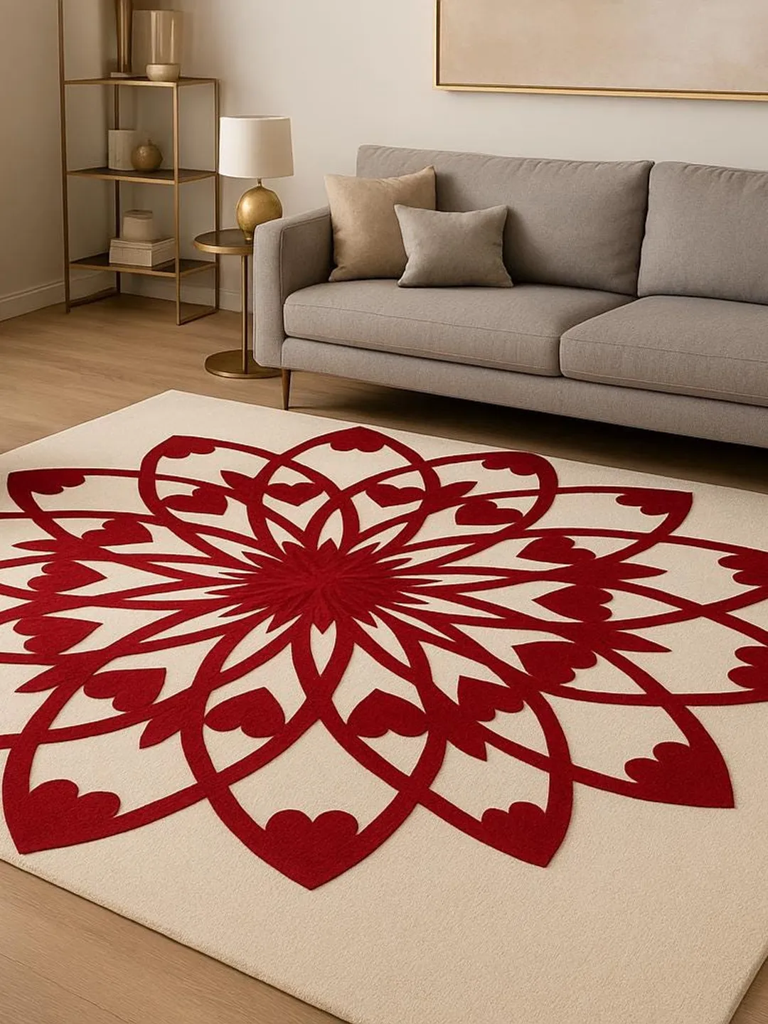 Hand Tufted Wool Mandala Rug, Red Floral Geometric Area Rug,Living Room ...
