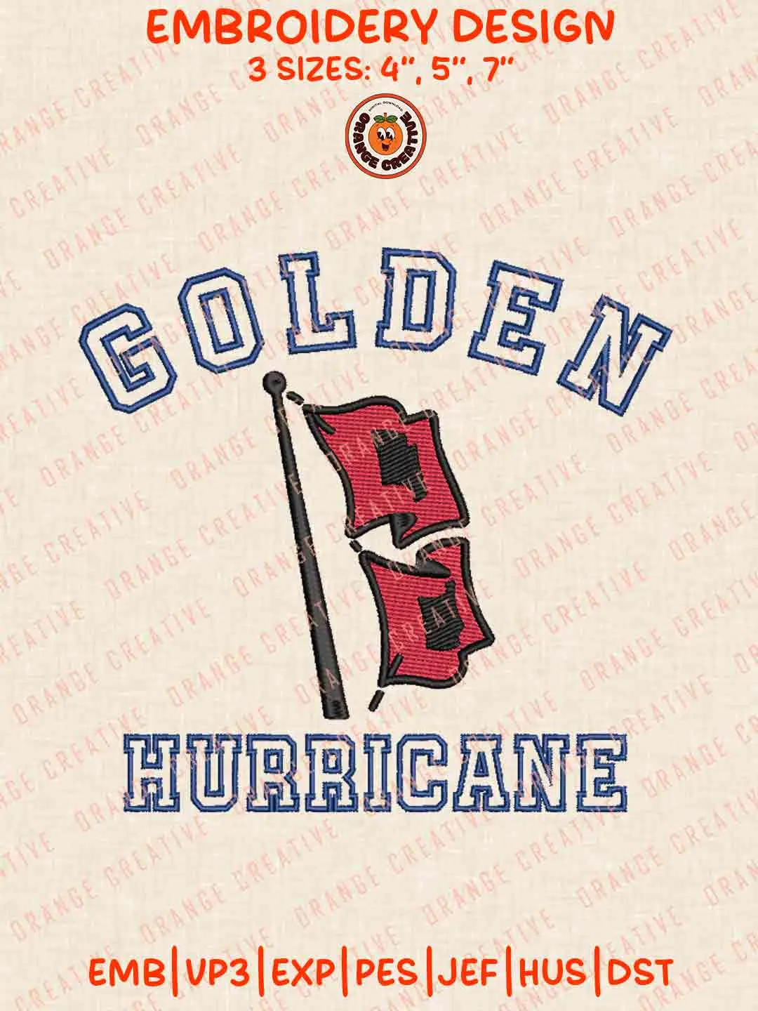 Golden Hurricane Logo Embroidery Design, NCAA Tulsa Golden Hurricane Team Machine Embroidery Digitized Pes File, 4 Sizes, Custom Size, Instant Download