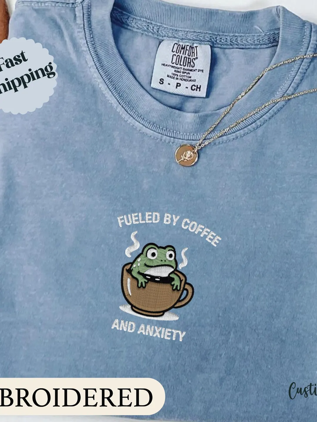 Comfort Colors Funny Frog T-Shirt, Embroidered Unisex Garment-Dyed Tee, Fueled By Coffee and Anxiety Shirt, Mental Health Humor Tee, Retro T