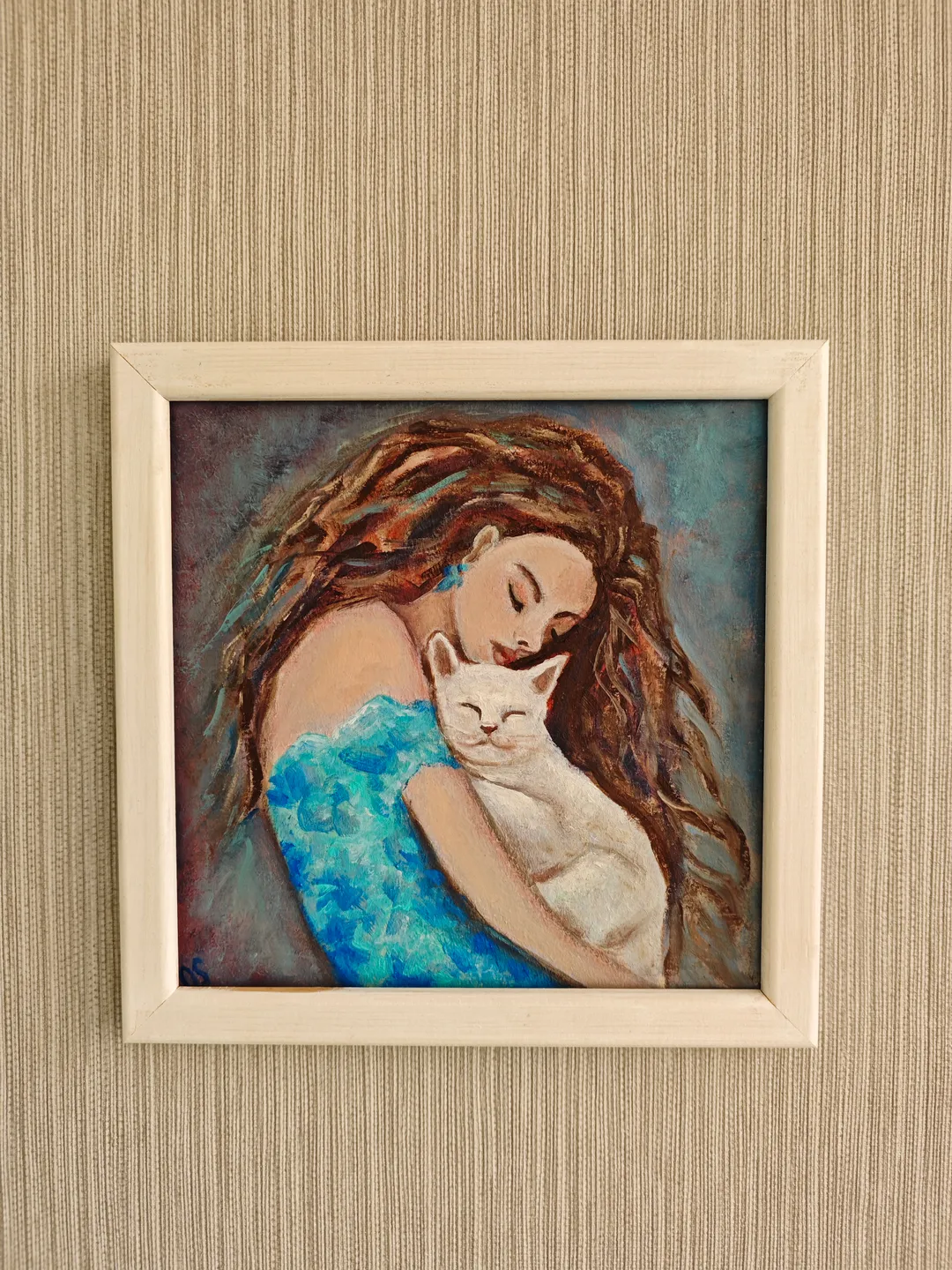 Girl With Cat Portrait Original Painting Girl In Blue Dress With White Cat Original Art Girl In Blue And White Cat Modern Artwork Girl And Cat Wall Decor Woman In Blue With Cat Oil Painting 8x8 inches by OlgaSokolovaArt