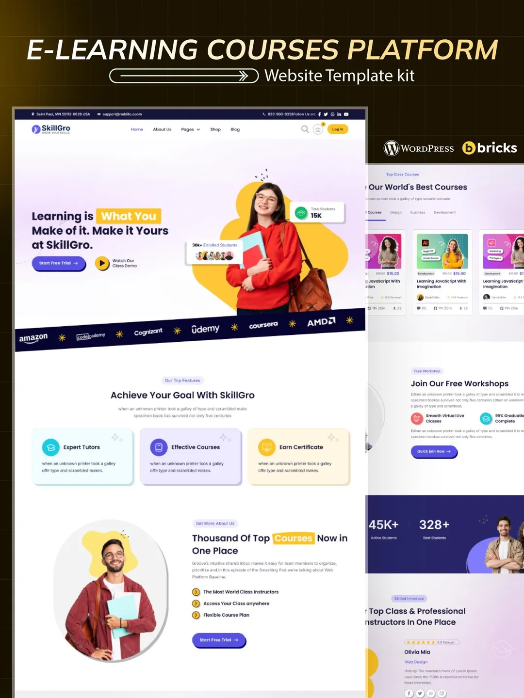 E-Learning WordPress Bricks Builder Template Kit | Education, Online Course & LMS Website Template
