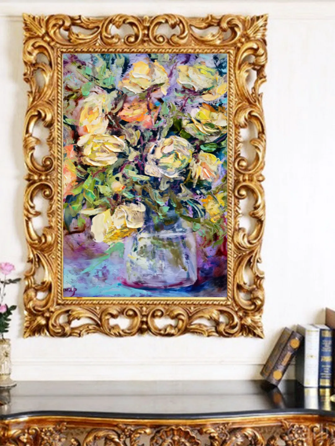 Yellow Roses Flower Bouquet Oil Painting Impasto Original Artist Svinar Oksana