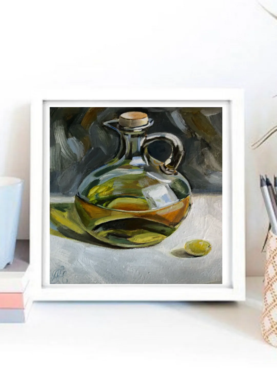 Olive oil still life kitchen painting modern wall art Original oil painting 6x6 inches