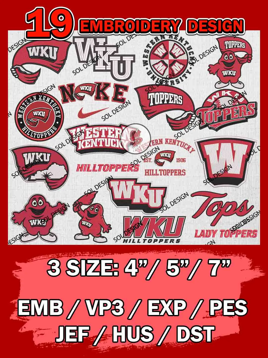 19 NCAA Western Kentucky Hilltoppers Bundle Embroidery Files, NCAA Western Kentucky Hilltoppers Team Bundle Embroidery Designs, NCAA Teams, National College Football Team 3 sizes, NCAA Western Kentucky Machine Embroidery, Digital Download