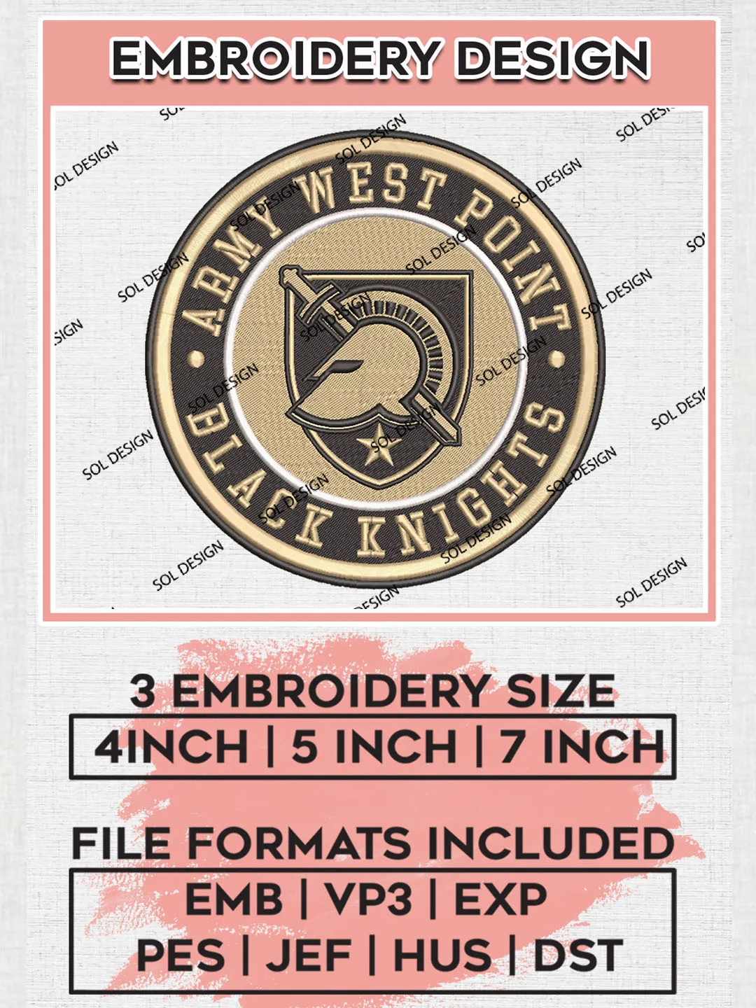 NCAA Army Black Knights Round Logo Embroidery, NCAA Army Black Knights Logo Embroidery files, NCAA Teams, Machine embroidery designs, Digital Download